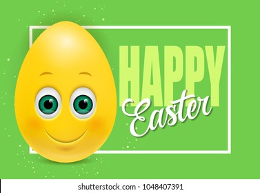 Happy Easter lettering in frame with carton egg on green background. Greeting card, postcard, sale. Easter holiday concept. Can be used for posters, leaflets and brochure