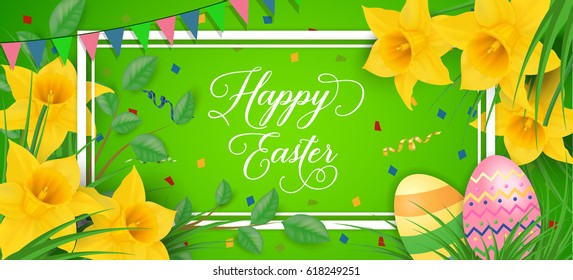 Happy Easter Lettering in Frame, Daffodils