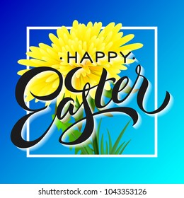 Happy Easter lettering in frame with dandelion on blue background. Calligraphic inscription can be used for greeting cards, festive design, postcards, posters.