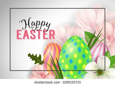 Happy Easter lettering in frame. Easter greeting card with flowers and eggs. Handwritten and typed text, calligraphy. For greeting cards, posters, leaflets and brochures.