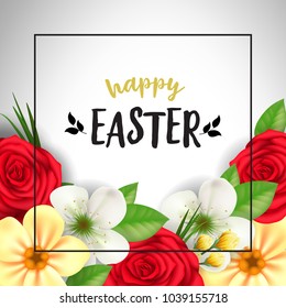 Happy Easter lettering in frame. Easter greeting card with flowers. Handwritten text, calligraphy. For greeting cards, posters, leaflets and brochures.