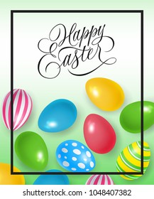 Happy Easter lettering in frame with ornate eggs. Greeting card, postcard, invitation. Easter holiday concept. Can be used for posters, leaflets and brochure