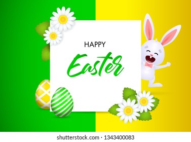 Happy Easter lettering in frame with rabbit, flowers and eggs. Easter greeting card. Handwritten text, calligraphy. For leaflets, brochures, invitations, posters or banners.