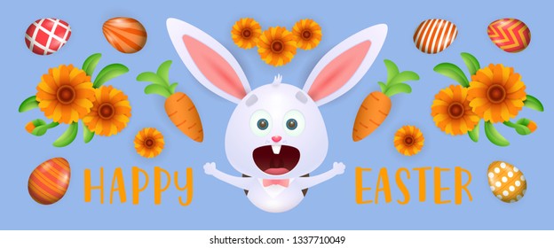 Happy Easter lettering with funny bunny, flowers and eggs. Easter greeting card. Typed text, calligraphy. For leaflets, brochures, invitations, posters or banners.