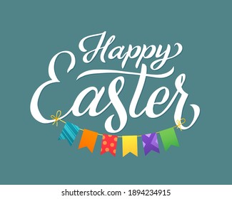 Happy Easter Lettering with Funny Paper Garland. Blue Background