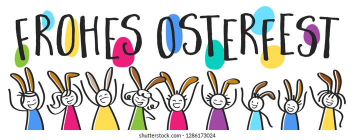 Happy Easter lettering, German, colorful stick people with bunny ears, horizontal banner isolated on white background