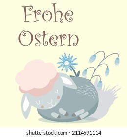 Happy Easter lettering in German Frohe Ostern with a vector illustration of a lamb with flowers on a background for invitations, birthdays, cards, banners.