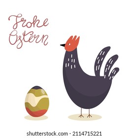 Happy Easter lettering in German Frohe Ostern with a chicken with a decorative egg vector illustration, suitable for invitations, birthdays, cards, banners.