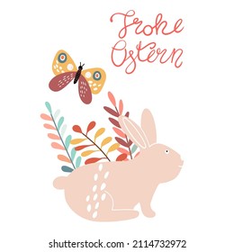 Grabado de Pascua feliz en alemán Frohe Ostern con liebre, conejo conejo, silueta, decorado con arcoiris, colores boho, dibujos a mano, texto Feliz diseño de invitación de Pascua, tarjeta, invitación