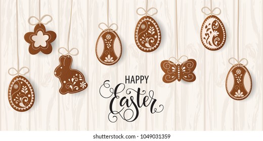 Happy Easter lettering, Gingerbread in the form of eggs. Spring holidays, Easter background. Vector illustration EPS10.