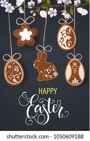 Happy Easter lettering, Gingerbread in the form of eggs. Spring holidays, Easter background. Vector illustration EPS10.