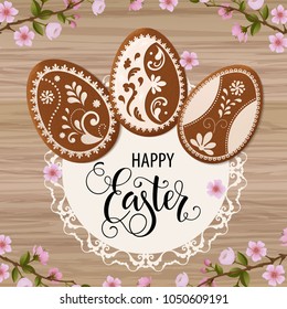 Happy Easter lettering, Gingerbread in the form of eggs. Spring holidays, Easter background. Vector illustration EPS10.