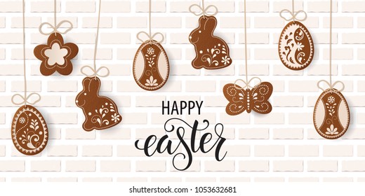 Happy Easter lettering, Gingerbread in the form of eggs. Spring holidays, Easter background. Vector illustration EPS10.