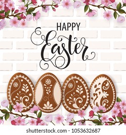 Happy Easter lettering, Gingerbread in the form of eggs. Spring holidays, Easter background. Vector illustration EPS10.