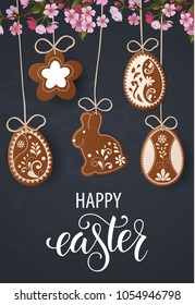 Happy Easter lettering, Gingerbread in the form of eggs. Spring holidays, Easter background. Vector illustration EPS10.