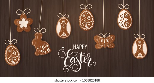 Happy Easter lettering, Gingerbread in the form of eggs. Spring holidays, Easter background. Vector illustration EPS10.