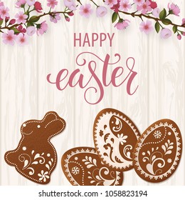 Happy Easter lettering, Gingerbread in the form of eggs. Spring holidays, Easter background. Vector illustration EPS10.
