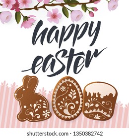 Happy Easter lettering, Gingerbread in the form of eggs. Spring holidays, Easter background. Vector illustration EPS10.