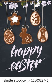 Happy Easter lettering, Gingerbread in the form of eggs. Spring holidays, Easter background. Vector illustration EPS10.