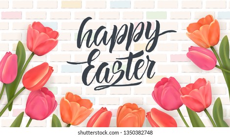 Happy Easter lettering, Gingerbread in the form of eggs. Spring holidays, Easter background. Vector illustration EPS10.