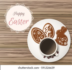 Happy Easter lettering, Gingerbread in the form of eggs and bunny. Spring holidays, Easter background. Vector illustration EPS10.
