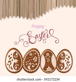 Happy Easter lettering, Gingerbread in the form of eggs. Spring holidays, Easter background. Vector illustration EPS10.