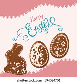 Happy Easter lettering, Gingerbread in the form of eggs  and bunny. Spring holidays, Easter background. Vector illustration EPS10.
