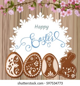 Happy Easter lettering, Gingerbread in the form of eggs. Spring holidays, Easter background. Vector illustration EPS10.