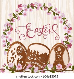 Happy Easter lettering, Gingerbread in the form of eggs. Spring holidays, Easter background. Vector illustration EPS10.