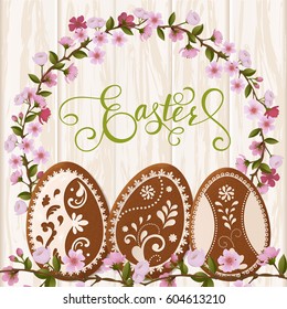 Happy Easter lettering, Gingerbread in the form of eggs. Spring holidays, Easter background. Vector illustration EPS10.