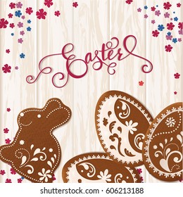 Happy Easter lettering, Gingerbread in the form of eggs. Spring holidays, Easter background. Vector illustration EPS10.