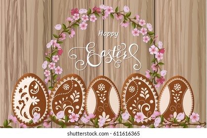 Happy Easter lettering, Gingerbread in the form of eggs. Spring holidays, Easter background. Vector illustration EPS10.