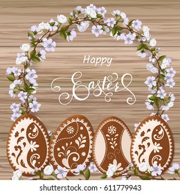 Happy Easter lettering, Gingerbread in the form of eggs. Spring holidays, Easter background. Vector illustration EPS10.