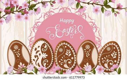Happy Easter lettering, Gingerbread in the form of eggs. Spring holidays, Easter background. Vector illustration EPS10.