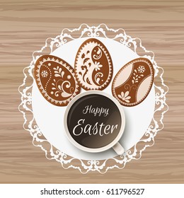 Happy Easter lettering, Gingerbread in the form of eggs. Spring holidays, Easter background. Vector illustration EPS10.