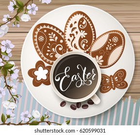 Happy Easter lettering, Gingerbread in the form of eggs. Spring holidays, Easter background. Vector illustration EPS10.