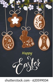 Happy Easter lettering, Gingerbread in the form of eggs. Spring holidays, Easter background. Vector illustration EPS10.