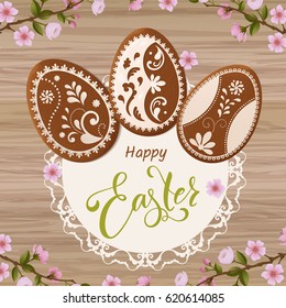 Happy Easter lettering, Gingerbread in the form of eggs. Spring holidays, Easter background. Vector illustration EPS10.