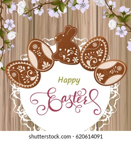 Happy Easter lettering, Gingerbread in the form of eggs. Spring holidays, Easter background. Vector illustration EPS10.
