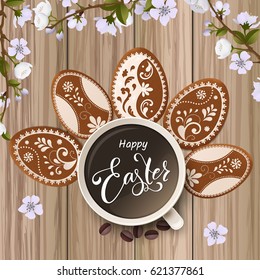 Happy Easter lettering, Gingerbread in the form of eggs. Spring holidays, Easter background. Vector illustration EPS10.