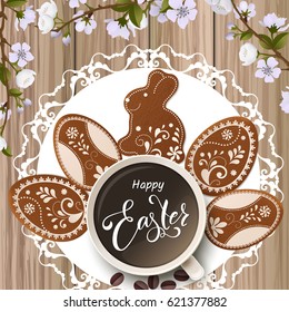 Happy Easter lettering, Gingerbread in the form of eggs. Spring holidays, Easter background. Vector illustration EPS10.