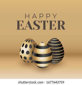 Fröhliche Osterschrift. Gold und schwarze Ostereier Luxus goldener Hintergrund, Vektorillustration-Illustration für Grußkarte, Promotion, Poster, Flyer, Web-Banner, Artikel, Landing-Page.