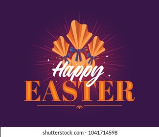 Happy easter lettering, golden easter logo elements, colorful ribbons and eggs. Vector illustration greeting card, ad, promotion, poster, flyer, web-banner, article