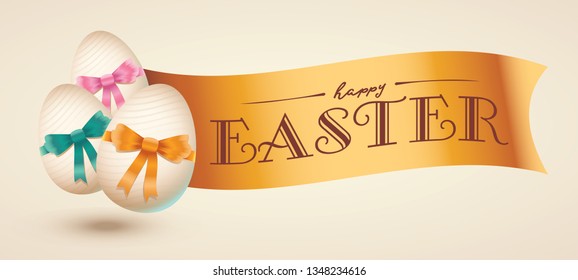 Happy easter lettering, golden easter logo elements, colorful ribbons. Vector illustration greeting card, ad, promotion, poster, flyer, web-banner, article