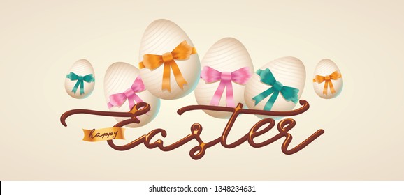 Happy easter lettering, golden easter logo elements, colorful ribbons. Vector illustration greeting card, ad, promotion, poster, flyer, web-banner, article