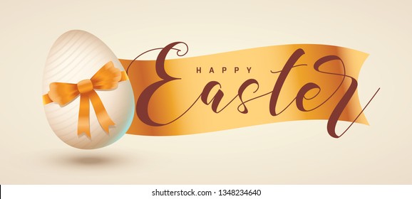 Happy easter lettering, golden easter logo elements, colorful ribbons. Vector illustration greeting card, ad, promotion, poster, flyer, web-banner, article