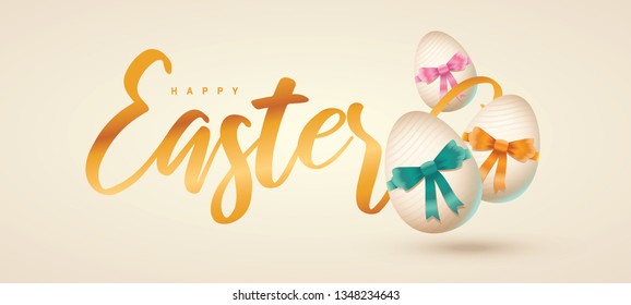 Happy easter lettering, golden easter logo elements, colorful ribbons. Vector illustration greeting card, ad, promotion, poster, flyer, web-banner, article