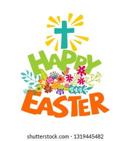 Happy easter. Lettering and graphic elements. Cross of Jesus Christ.