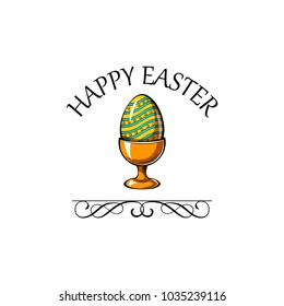 Happy Easter lettering for greeting card with egg-cup, swirls and ornate frames. Colorful Vector illustration.