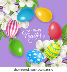 Happy Easter lettering. Easter greeting card with colorful eggs and flowers. Handwritten and typed text, calligraphy. For greeting cards, posters, leaflets and brochures.